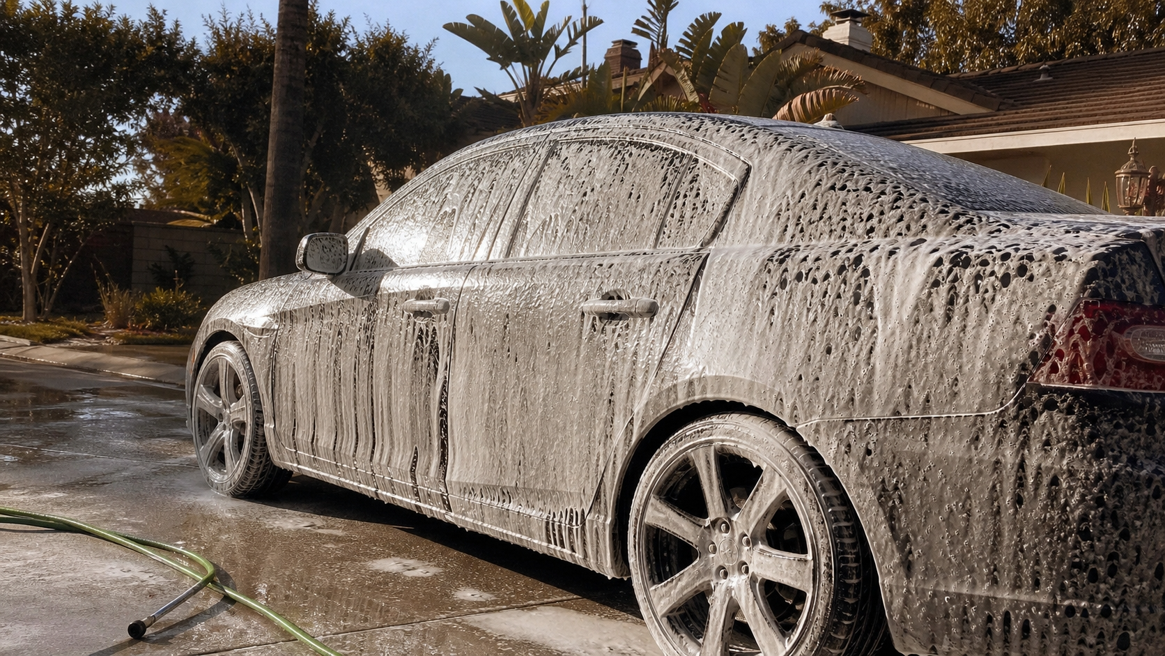 Sedan covered in foam during exterior wash