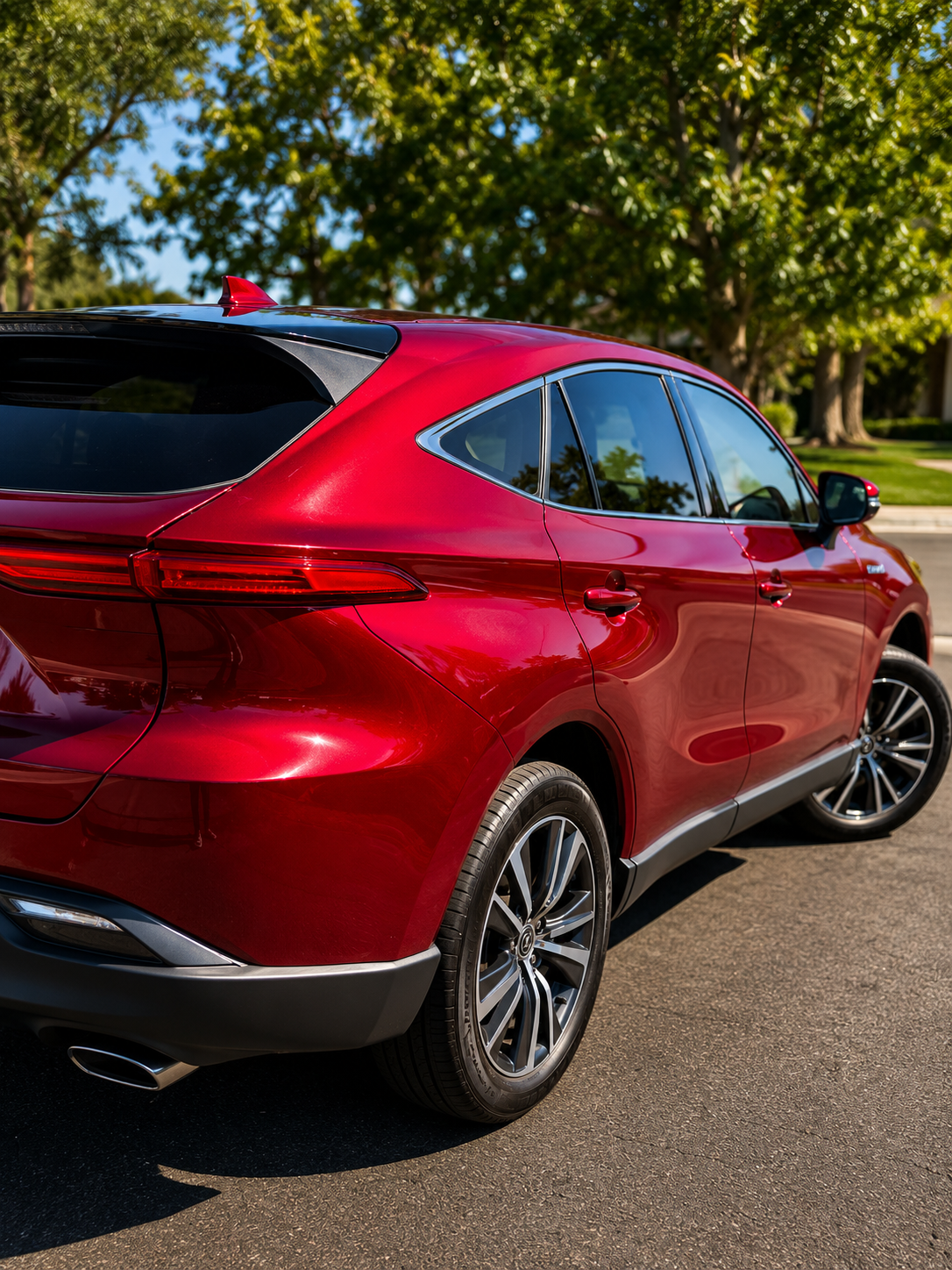Red SUV rear view freshly polished